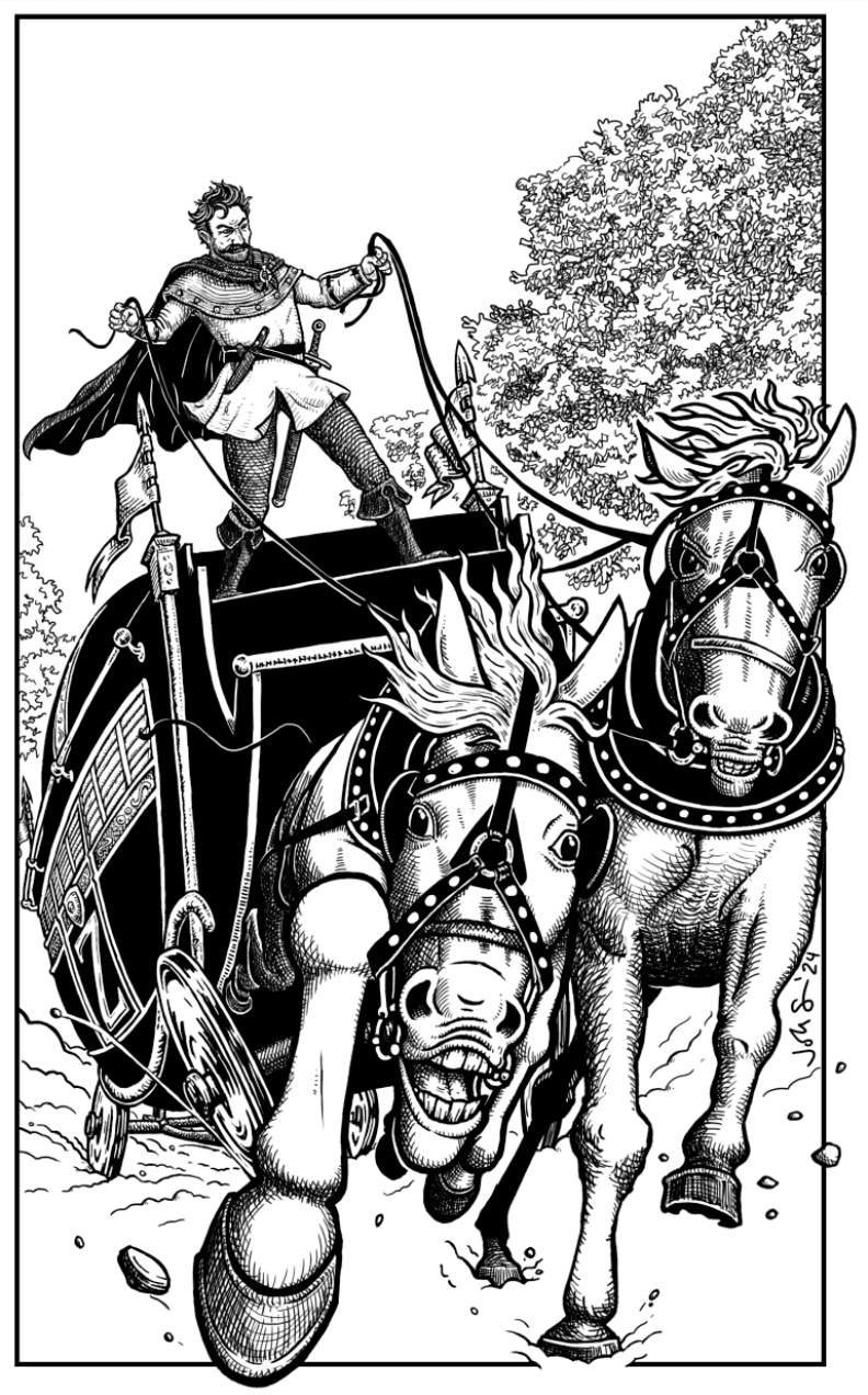 Vynar Jupe hijacking the baron's carriage. Ink on paper, finished digitally.